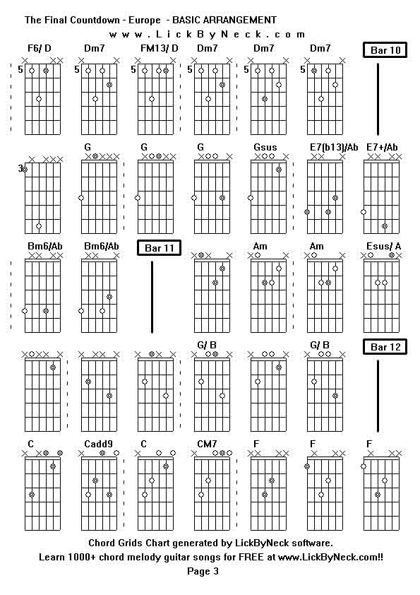 Chord Grids Chart of chord melody fingerstyle guitar song-The Final Countdown - Europe  - BASIC ARRANGEMENT,generated by LickByNeck software.